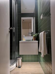 金塔湖Victory Village 16F的浴室设有水槽和绿色瓷砖