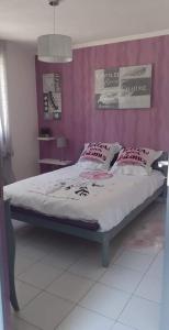 Saint-Julien-de-CassagnasGITE LES MINOUX的一间卧室配有一张粉红色墙壁的床