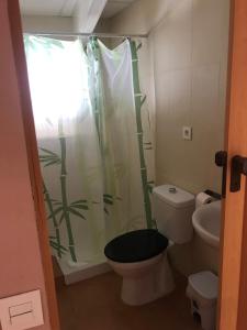 阿特佛Hostal Casa Alonso的一间带卫生间和淋浴帘的浴室