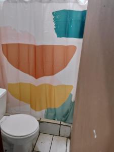 阿拉胡埃拉Departamentos Patricia的浴室设有卫生间和色彩缤纷的浴帘