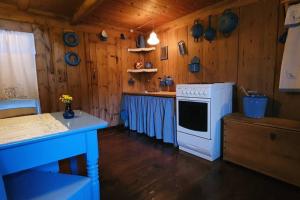 KvívíkCharming and Authentic Heritage Retreat in Kvívík - right next to the river的厨房配有白色炉灶和蓝色的台面