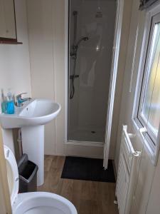 阿伯里斯特威斯Gloria Stay - Aberystwyth Caravan的带淋浴、盥洗盆和卫生间的浴室