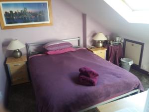 伦敦Kew Gardens National Archives Forest Road的一间卧室配有一张带紫色床单和枕头的床。