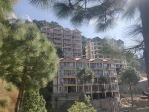 索兰2BHK Furnished Apartment/Near Kasauli/Barog/Luv Fun & Adventure的一座棕榈树建筑