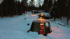 罗瓦涅米Ollero Eco Lodge (including a glass igloo)的雪中带灯的凉亭