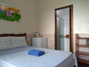 特林达德Pousada Marimbá的一间卧室配有一张带蓝色枕头的床