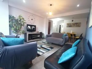 库斯科Cusco Cozy Apartment的客厅配有蓝色的沙发和电视