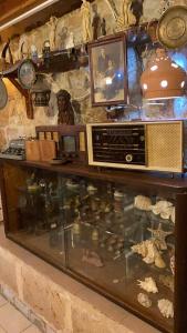 拿撒勒Guest House Antique的玻璃显示器,带收音机和其他物品