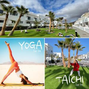 科拉雷侯Island Home Fuerteventura的海滩上做瑜伽的女人的照片