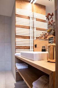 施图拜河谷新施蒂夫特Hotel & Appartements Alpenresidenz Viktoria的木制柜台上带白色水槽的浴室
