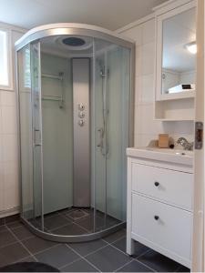 艾菲约德An authentic experience in picturesque Eidfjord的浴室里设有玻璃门淋浴