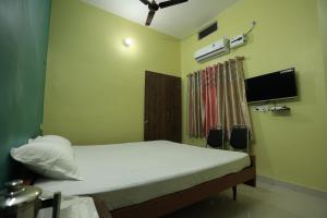 巴特那Hotel Virasat Retreat的一间卧室配有一张床和一台平面电视