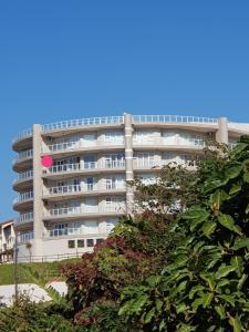 斯科特堡Luxury Apartment 23 @ Seahorse with 180° seaview的一座白色的大公寓楼,上面有粉红色的球