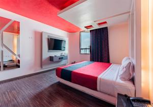 Las ÁnimasHotel Puente Grande的一间酒店客房,配有一张床和一台电视