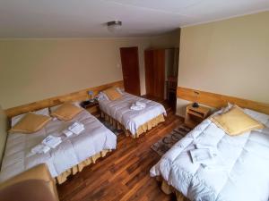 纳塔列斯港HOTEL GLACIARES的酒店客房,配有两张带毛巾的床
