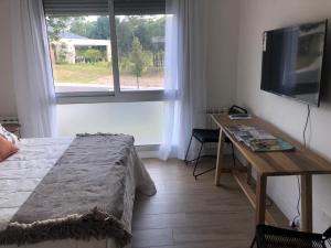 萨尔塔DEPARTAMENTO para 4 personas EN BARRIO CERRADO!!的一间卧室配有一张床、一张书桌和一台电视