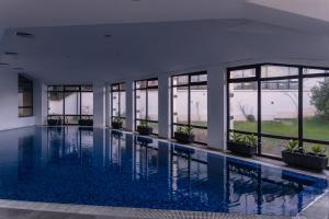 多布里尼什特Hotel Orbel的一座带窗户的建筑中的游泳池