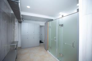 阿特劳SULO Apartments的一间带步入式淋浴间和玻璃门的浴室