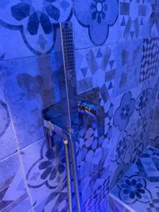 那不勒斯Terrazza Aragon Room and SPA的浴室铺有蓝色瓷砖,设有淋浴。
