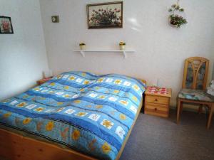 OlbersdorfFerienhaus Kaiserfelder的一间卧室配有一张带蓝色被子和椅子的床