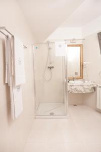 布加勒斯特精品拉斐特别墅的带淋浴和盥洗盆的白色浴室
