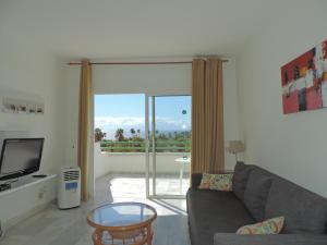 阿德耶Apartment-Hotel Altamira的带沙发和滑动玻璃门的客厅