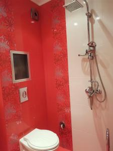 旧扎戈拉Уютен апартамент в централната част на Стара Загора的红色的浴室设有卫生间和淋浴。