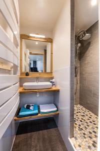 葱仁谷Apartment ski in/out Val Thorens的一间带水槽和镜子的浴室
