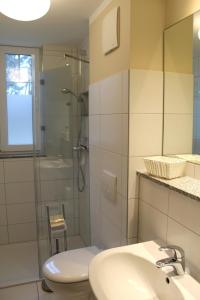 奥茨塞巴德·迪尔哈根Strandvilla Sophie App 2的一间带水槽、淋浴和卫生间的浴室