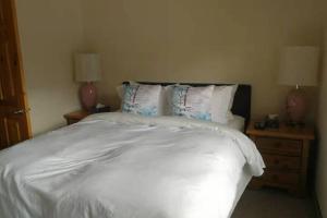 坎莫尔Banff Gate vacation townhouse的卧室配有带枕头和两盏灯的白色床。