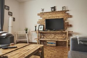 巴特贝勒堡Fewo Bubenberg的客厅设有木墙,配有平面电视。