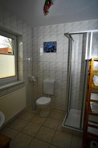 马尔洛Ferienhaus am Vogelpark - Trebelhaus Gesine的一间带卫生间和淋浴的浴室