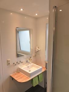 福森Ferienhaus Weiß, Sandra Weiß的一间带水槽、镜子和淋浴的浴室