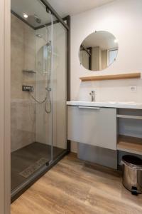 沙博伊茨Düne 58的带淋浴、盥洗盆和镜子的浴室