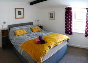 马汉莱斯Bwthyn Gweilch的一间卧室配有一张黄色和紫色床单的床