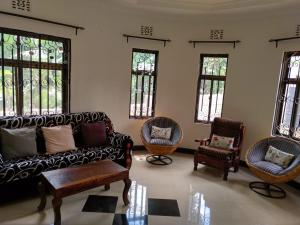 阿鲁沙New Dream House的带沙发和椅子的客厅以及窗户。