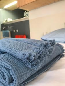 贝格海姆Le4bergheim Chambre d'hôtes的床上的蓝色毯子