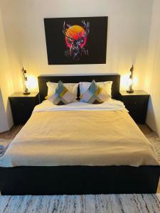 锡纳亚Ama Apartament - Cota 1000 Sinaia的一间卧室配有一张床、两个床头柜和两盏灯。