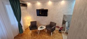 贝尔格莱德OLIVERA APARTMENT的客厅配有两把椅子、一张桌子和一台电视