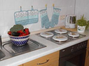 马尔洛Ferienwohnung "Im Pfarrhaus Marlow"的厨房配有带盘子和一碗蔬菜的炉灶