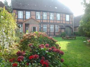 马尔洛Ferienwohnung "Im Pfarrhaus Marlow"的一座大房子,前面有一个种有鲜花的花园