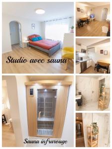 奥尔良PRESTIGELOC Luxury Studio avec SAUNA PRIVÉ GRATUIT ou sans - Centre ville d'Orléans的一幅房间四幅图片的拼图