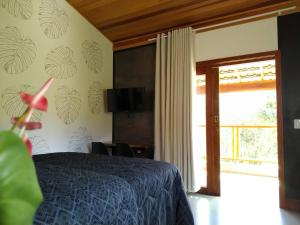 阿尤鲁奥卡Pousada Sítio Vale das Olivas的一间卧室设有一张床和一个滑动玻璃门