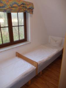 马尔洛Finnhäuser am Vogelpark - Haus Annika的带2扇窗户的客房内的2张床