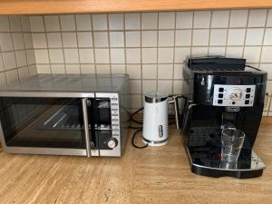 梅明根阿尔高公寓式酒店的厨房配有咖啡机和微波炉