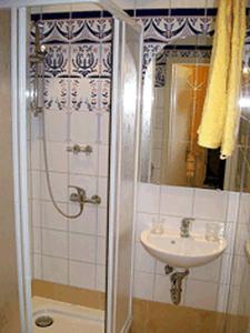 霍佩加尔滕Mediterran Suite的带淋浴和盥洗盆的浴室