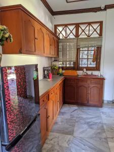 日惹OPY-PELEM 1的厨房配有木制橱柜和炉灶烤箱。