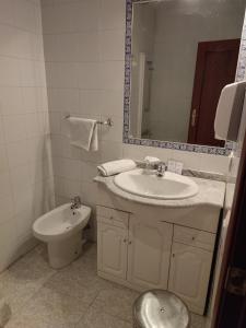 巴达霍斯塞万提斯酒店的一间带水槽、卫生间和镜子的浴室