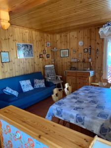 普雷达佐Casa Lulu'的客厅配有蓝色的沙发和床。