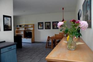 Neu KlockenhagenFerienwohnung "Wismar"的厨房的柜台上放着花瓶
